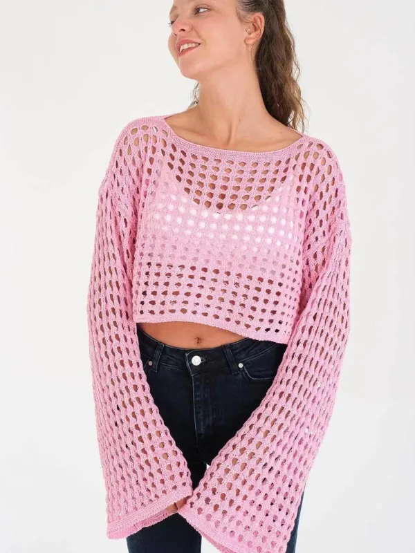 Ženska španski rukav široka kragna ažurna široka crop triko bluza 2