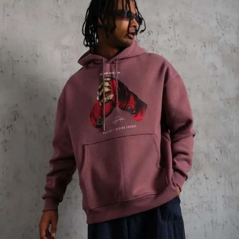 Muški ružičasti oversize s kapuljačom tiskani 3-niti sweatshirt