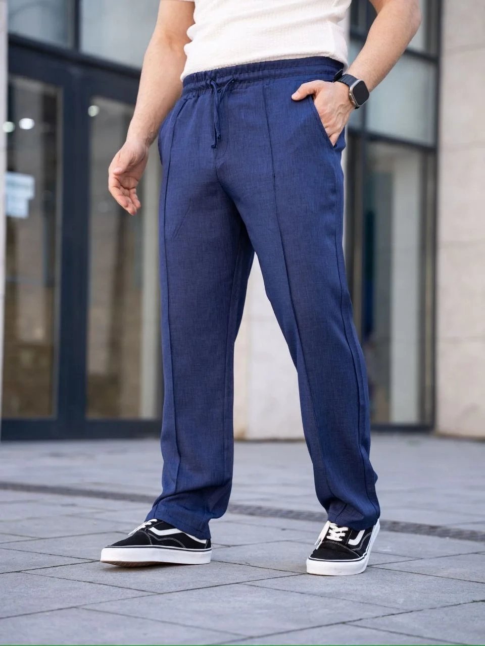 Erkek Lacivert Rahat Keten Jogger Cepli Çıma Dikişli Pantolon