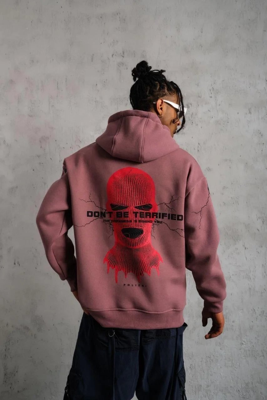 Erkek Gül Kurusu 3 İplik Pamuklu Kapüşonlu Baskılı Cepli Sweatshirt