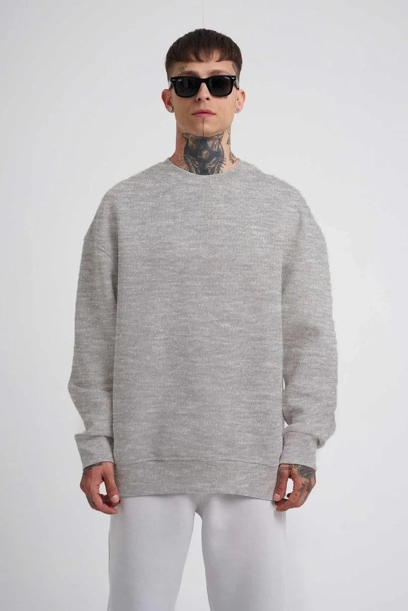 Erkek Gri Oversize Bisiklet Yaka 3 İplik Pamuklu Sweatshirt