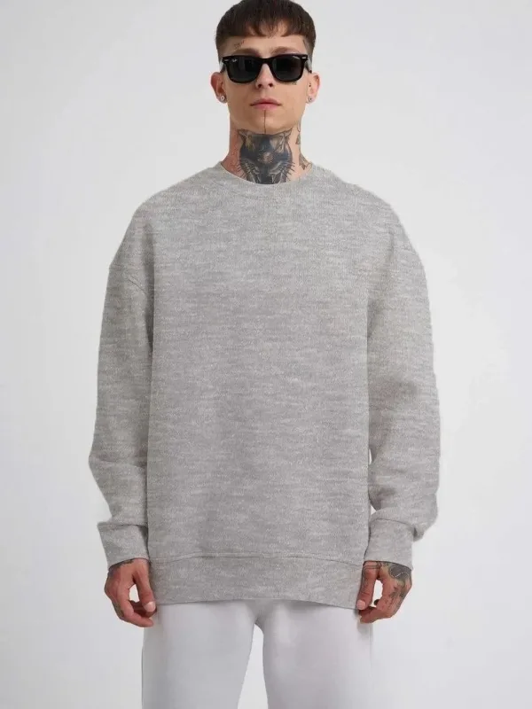 Pánský šedý oversize cyklistický výstřih 3-nitný bavlněný sweatshirt 1