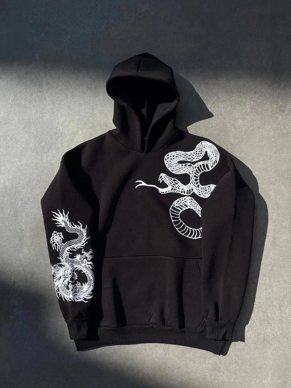 Bărbați Negru Oversize 3 Fire Bumbac Imprimat Hanorac cu Glugă Buzunar