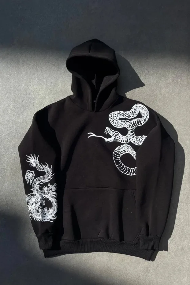 Mêr Reş Oversize 3 Têl Pembeyî Çapkirî Kapûşonî Cêbî Sweatshirt 1