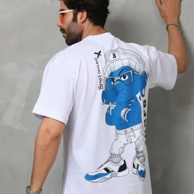 Pánské bílé oversized tričko s potiskem a cyklistickým límcem na léto 3