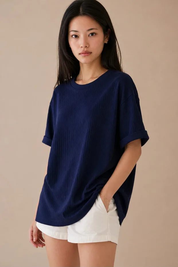 Gratë Blu e Errët Ribana Oversize T-Shirt 100% Pambuk Prerje e Lirshme 4