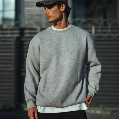Men's Gray Oversize Crew Neck 3-Thread Thick Sweatshirt 3