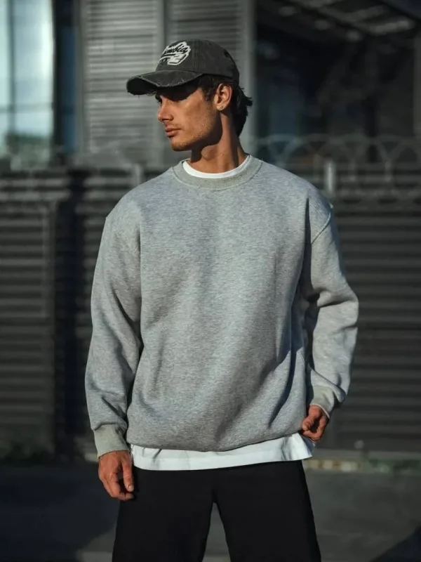 Men's Gray Oversize Crew Neck 3-Thread Thick Sweatshirt 3