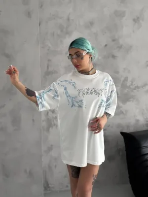 Femeie Tricou Alb Oversize Guler Bicicleta Imprimat Fulger