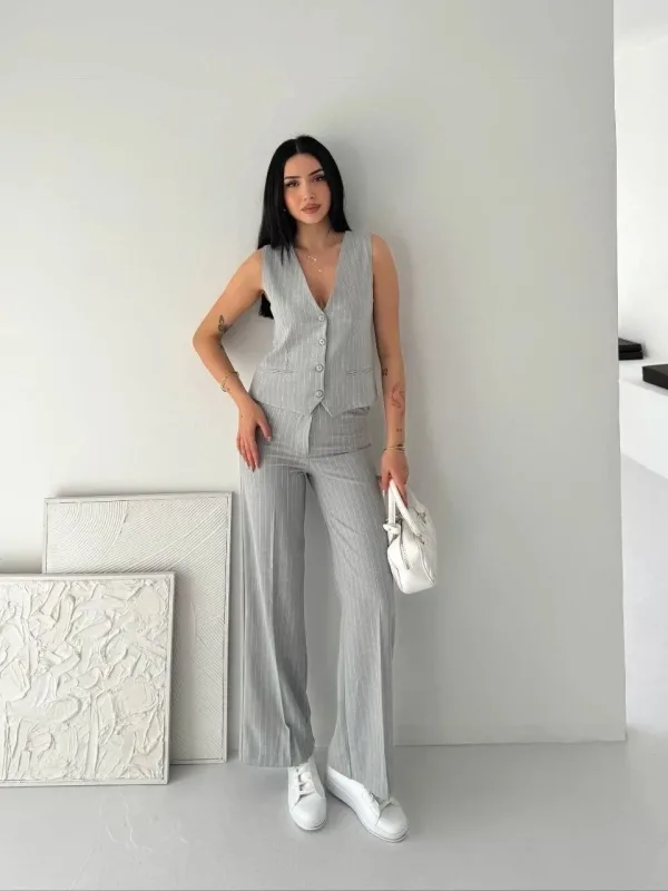 Női Szürke Csíkos Tansel Kumaş İkili Takım Ofis Şık 1