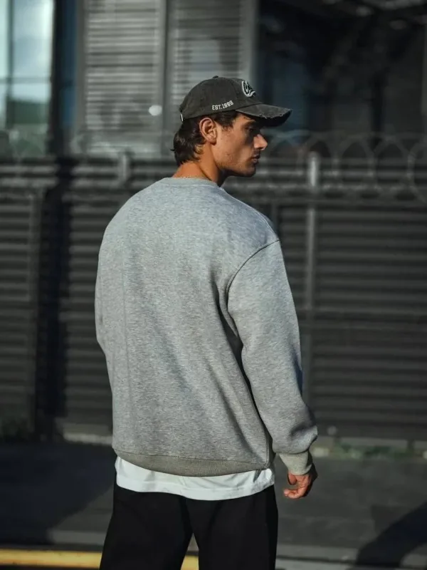 Men's Gray Oversize Crew Neck 3-Thread Thick Sweatshirt 2