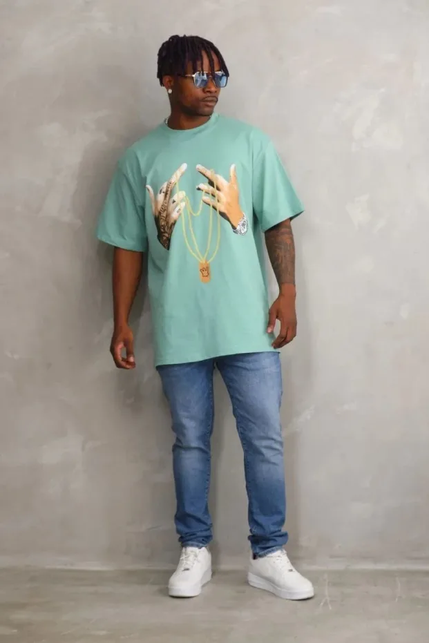 Men's Mint Green Oversize Crew Neck Printed T-Shirt 5