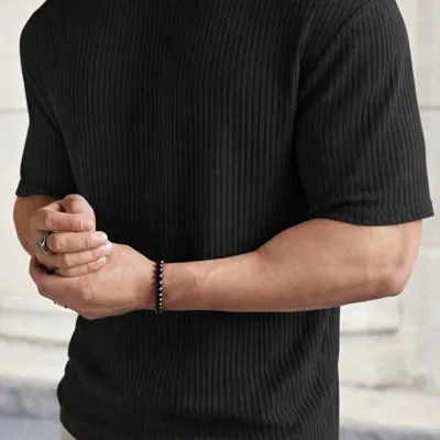 Црн бел 2-ен oversize ребрест памук машки T-shirt 3