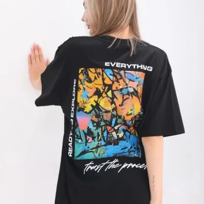 Women's Black Oversize Crew Neck Printed T-Shirt 8