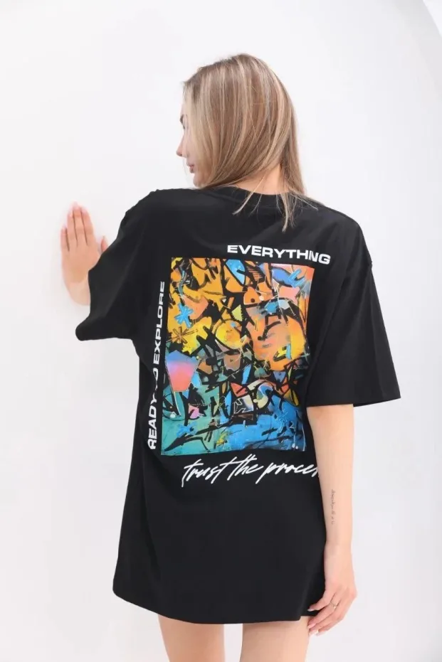 Femeie Neagră Oversize Guler Bicicletă Tricou Imprimat 8