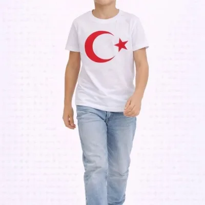 Kids White Crew Neck Moon Star Flag Printed T-Shirt 2