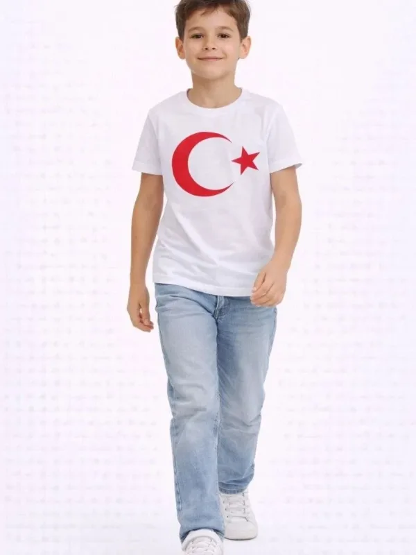 Kids White Crew Neck Moon Star Flag Printed T-Shirt 2
