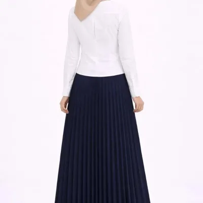 Women's Navy Blue Modest Pleated Skirt White Blouse Two-Piece Set 5