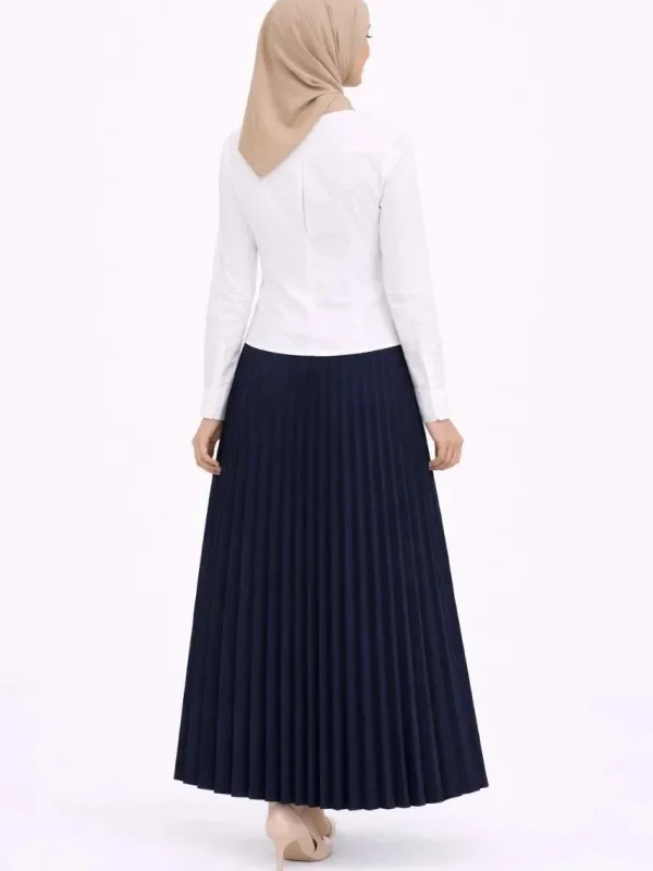 Women's Navy Blue Modest Pleated Skirt White Blouse Two-Piece Set 5