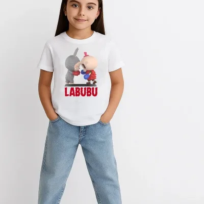 Детски бел Labubu печатен oversize маица 2