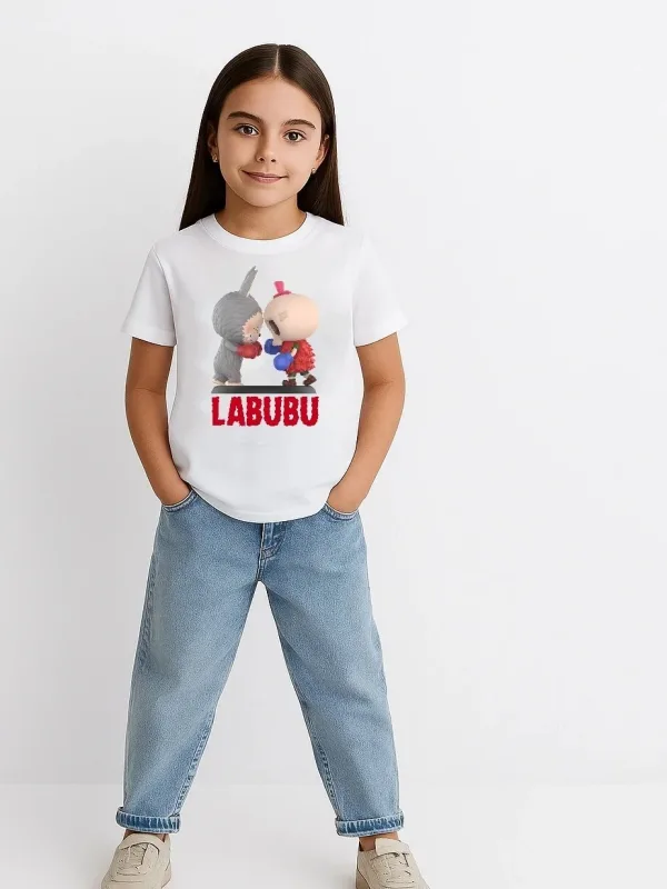 Детски бел Labubu печатен oversize маица 2