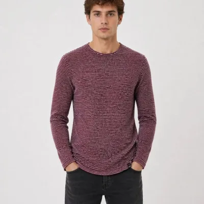 Men's Burgundy Textured Striped Oval Cut Long Sleeve T-Shirt 2