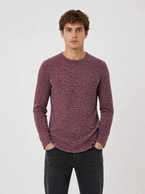 Men's Burgundy Textured Striped Oval Cut Long Sleeve T-Shirt 2