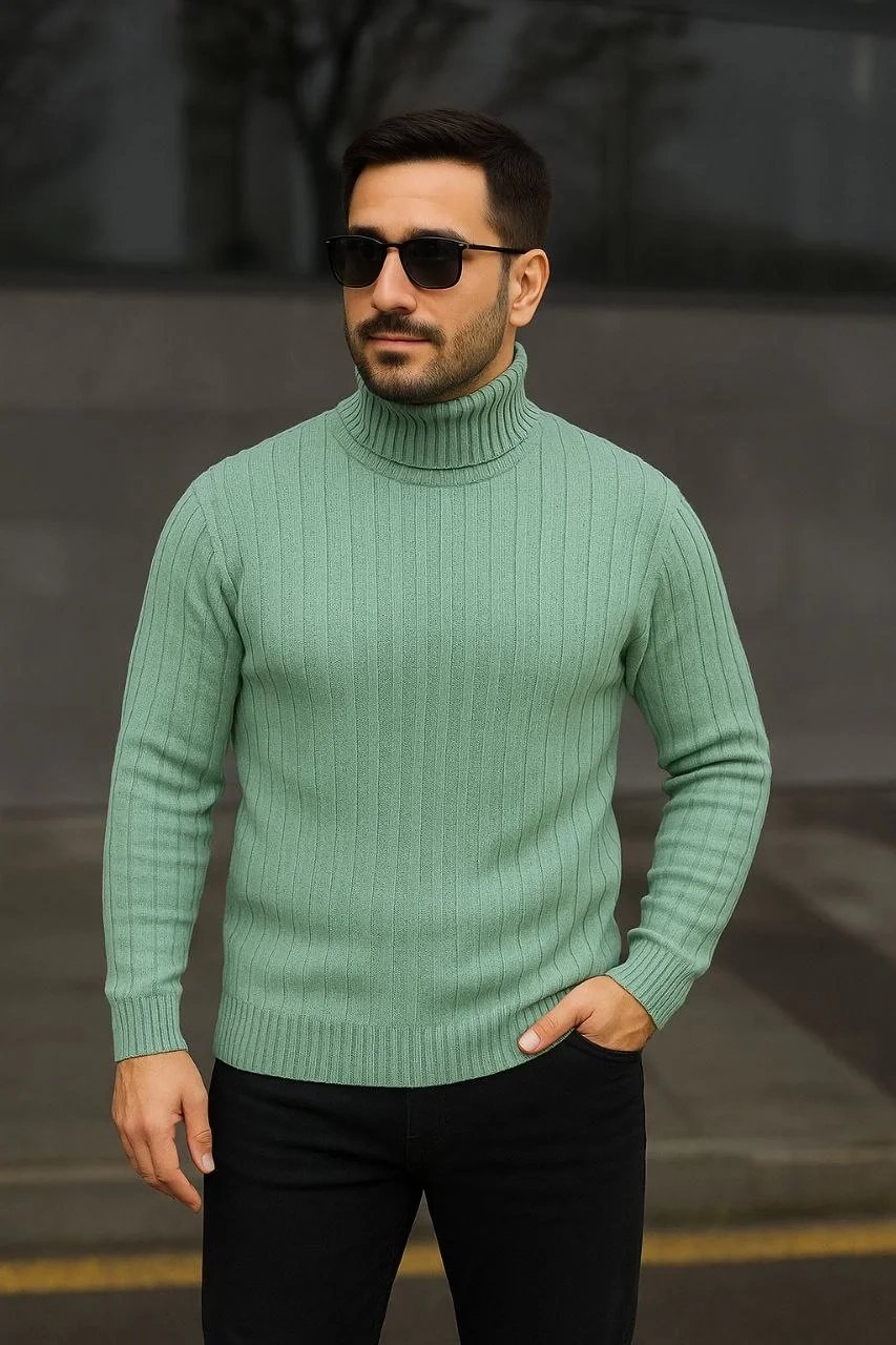Erkek Mint Yeşili Kalın Fitilli Tam Boğazlı Triko Kazak