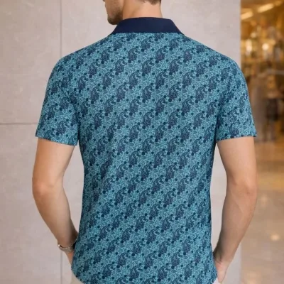 Man Turquoise Pique Fabric Polo Collar Palm Patterned T-Shirt 2