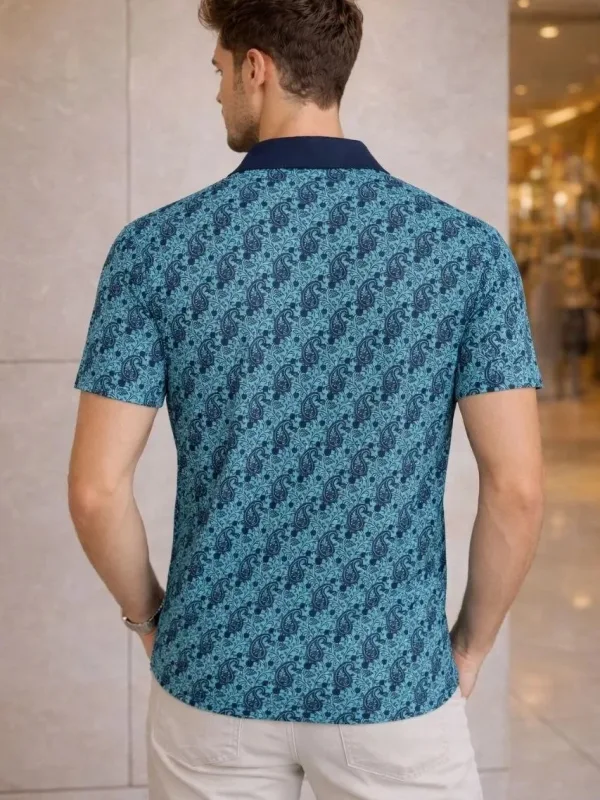 Man Turquoise Pique Fabric Polo Collar Palm Patterned T-Shirt 2