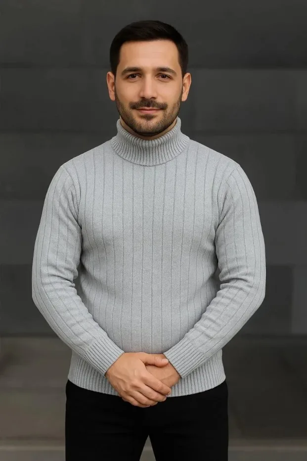 Erkek Gri Kalın Fitilli Tam Boğazlı Balıkçı Yaka Triko Kazak 1