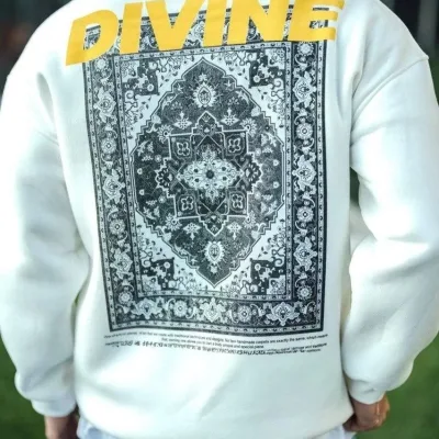 Erkek Beyaz 3 İplik Pamuklu Bisiklet Yaka Baskılı Sweatshirt 2