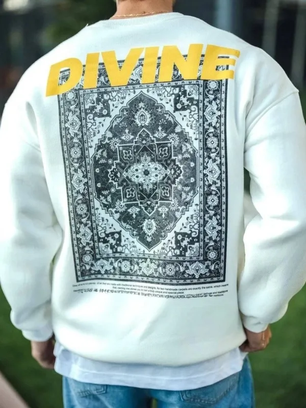 Erkek Beyaz 3 İplik Pamuklu Bisiklet Yaka Baskılı Sweatshirt 2