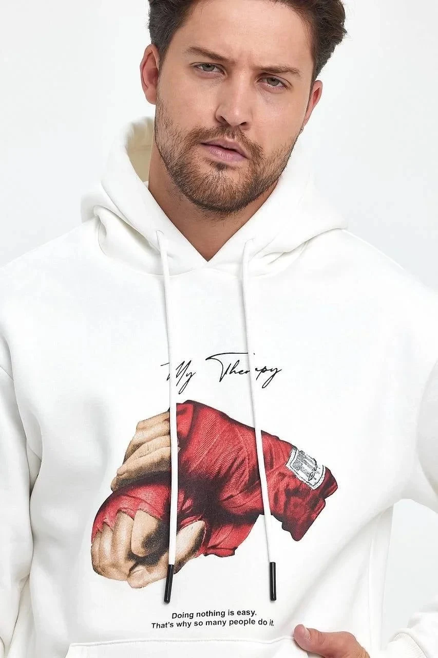 Burrë i bardhë 3 fije pambuk me kapuç të printuar doreza kuti Sweatshirt
