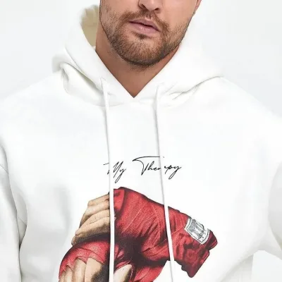 Burrë i bardhë 3 fije pambuk me kapuç të printuar doreza kuti Sweatshirt 1