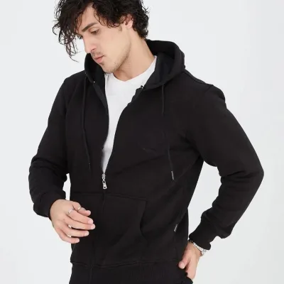 Muški crni 3-nitni pamučni full zip hoodie s džepovima 5
