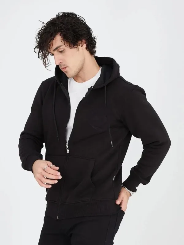 Muški crni 3-nitni pamučni full zip hoodie s džepovima 5