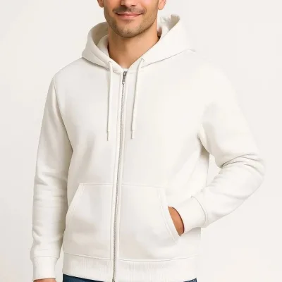 Pánský bílý 3-nitní bavlněný sweatshirt s celo zipem, kapucí a kapsami 7