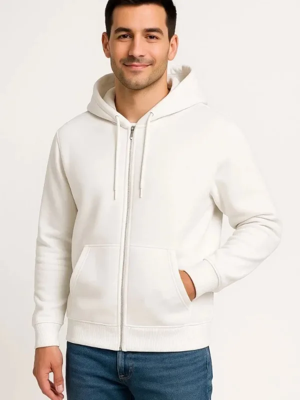 Pánský bílý 3-nitní bavlněný sweatshirt s celo zipem, kapucí a kapsami 7