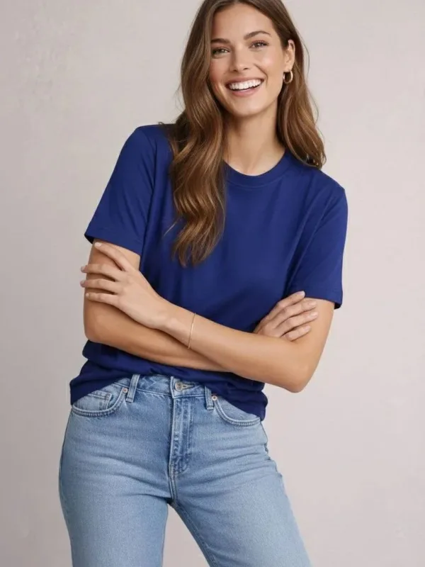 Women's Navy Oversize Bicycle Neck Modal Soft Textured T-Shirt 1