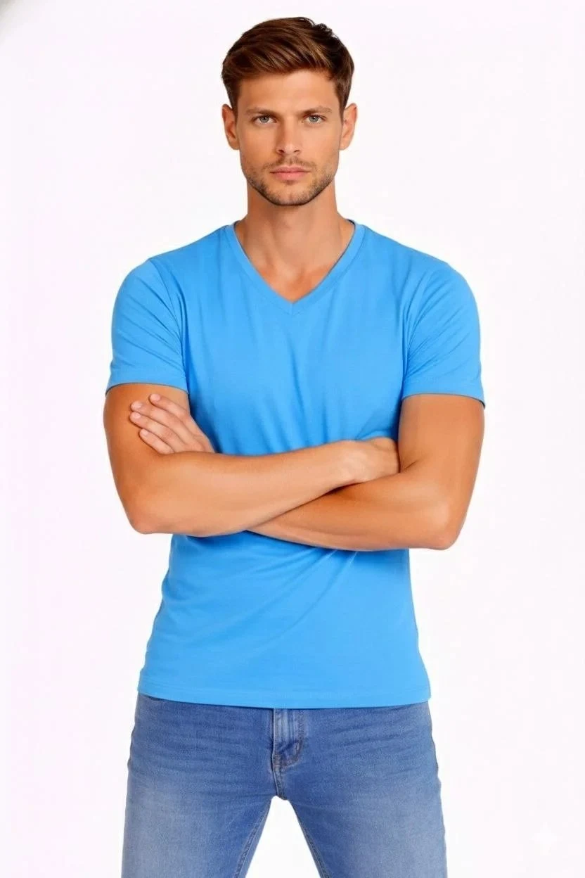 Muška svijetloplava slim fit majica s likrom, V-izrez
