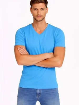 Muška svijetloplava slim fit majica s likrom, V-izrez