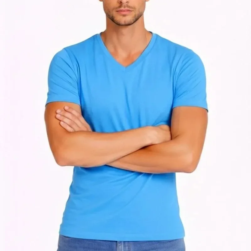 Mêrê Açık Şîn Slim Fit Likralî V Qirikê Body Tîşort