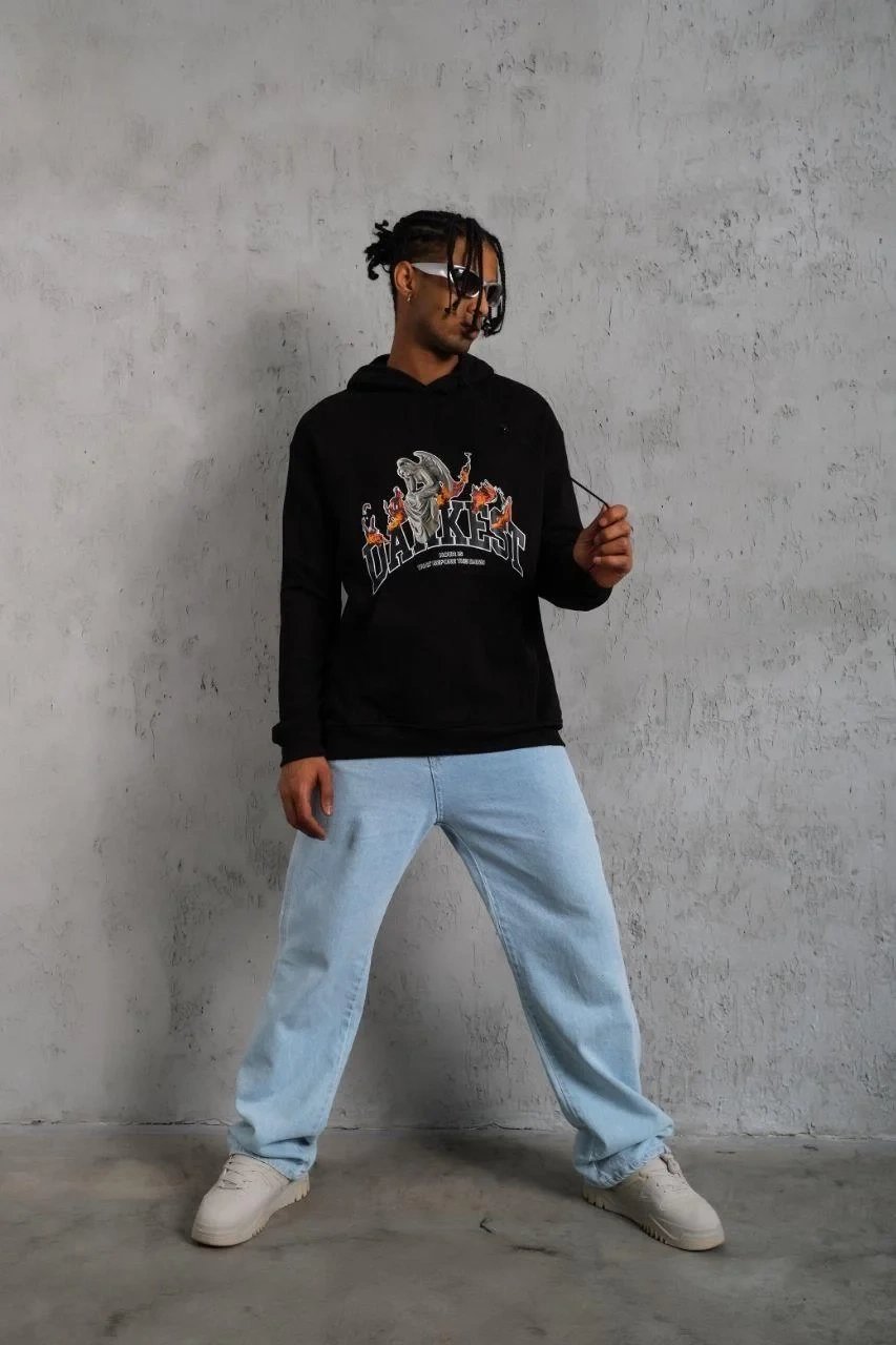 Erkek Siyah Oversize 3 İplik Pamuklu Kapüşonlu Baskılı Sweatshirt