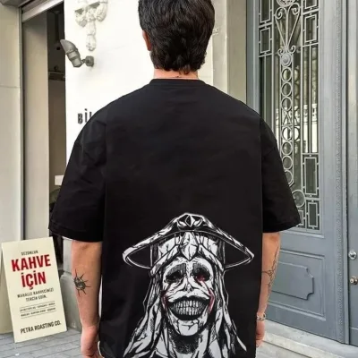 Bărbat Negru Oversize Guler Bicicletă Tricou Imprimat Fulger 2