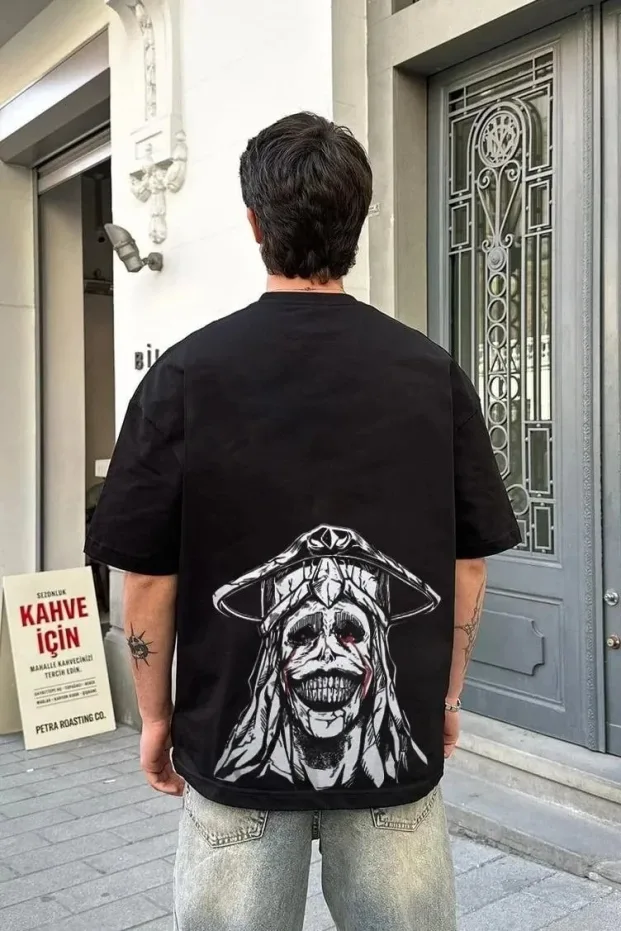 Bărbat Negru Oversize Guler Bicicletă Tricou Imprimat Fulger 2