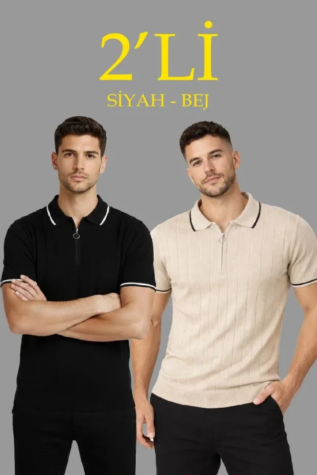 Erkek Siyah Fermuarlı Polo Yaka Pamuklu Triko Tişört 1