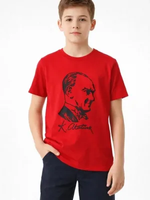 Detské červené tričko s cyklistickým golierom a potlačou Atatürk