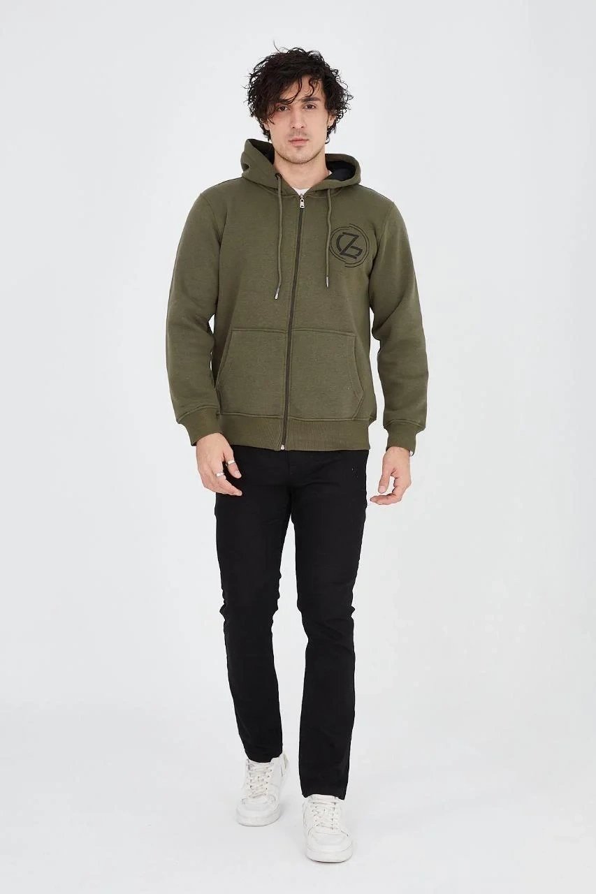 Erkek Yeşil 3 İplik Pamuklu Fermuarlı Kapüşonlu Baskılı Hoodie