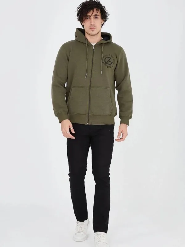 Men's Green 3-Thread Cotton Zippered Hooded Printed Hoodie